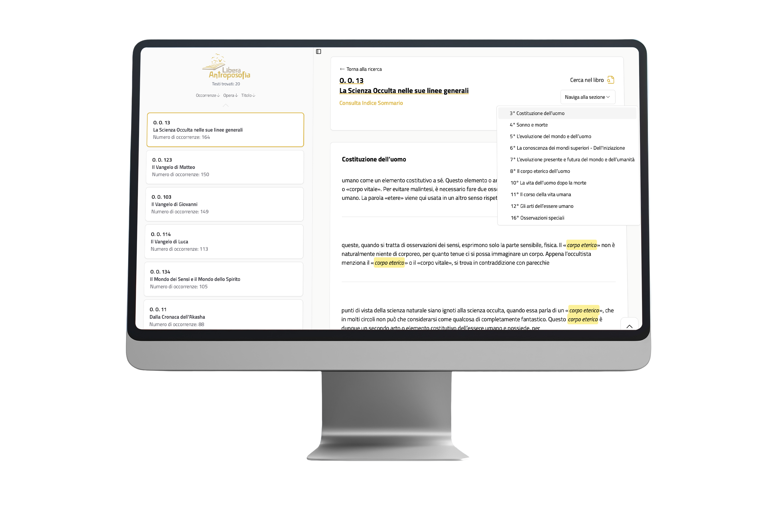 Schermata di navigazione tra conferenze e capitoli