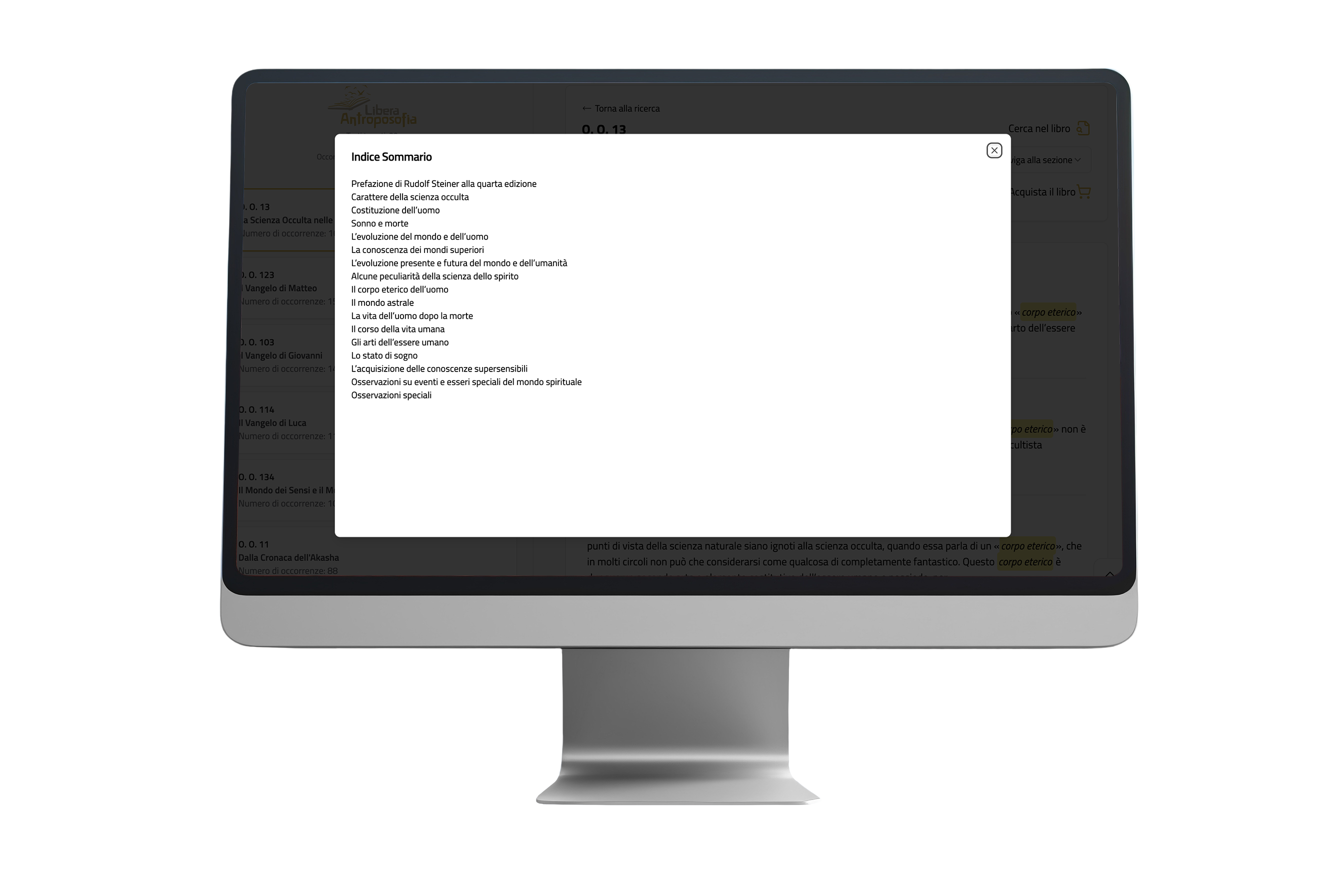 Schermata dell'indice sommario di un'opera
